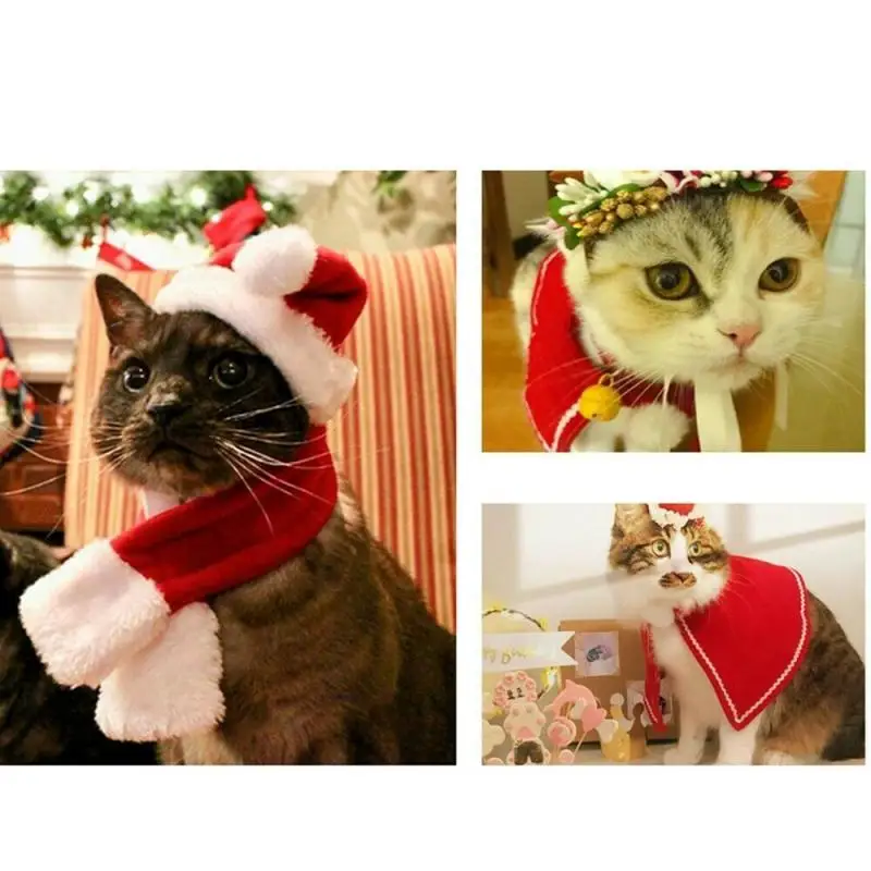 Pet Cat Dog Puppy Santa Red Scarf Hat Christmas Clothes Costumes Warm Apparel Cat Supplies Cat Costumes Christmas Decoration