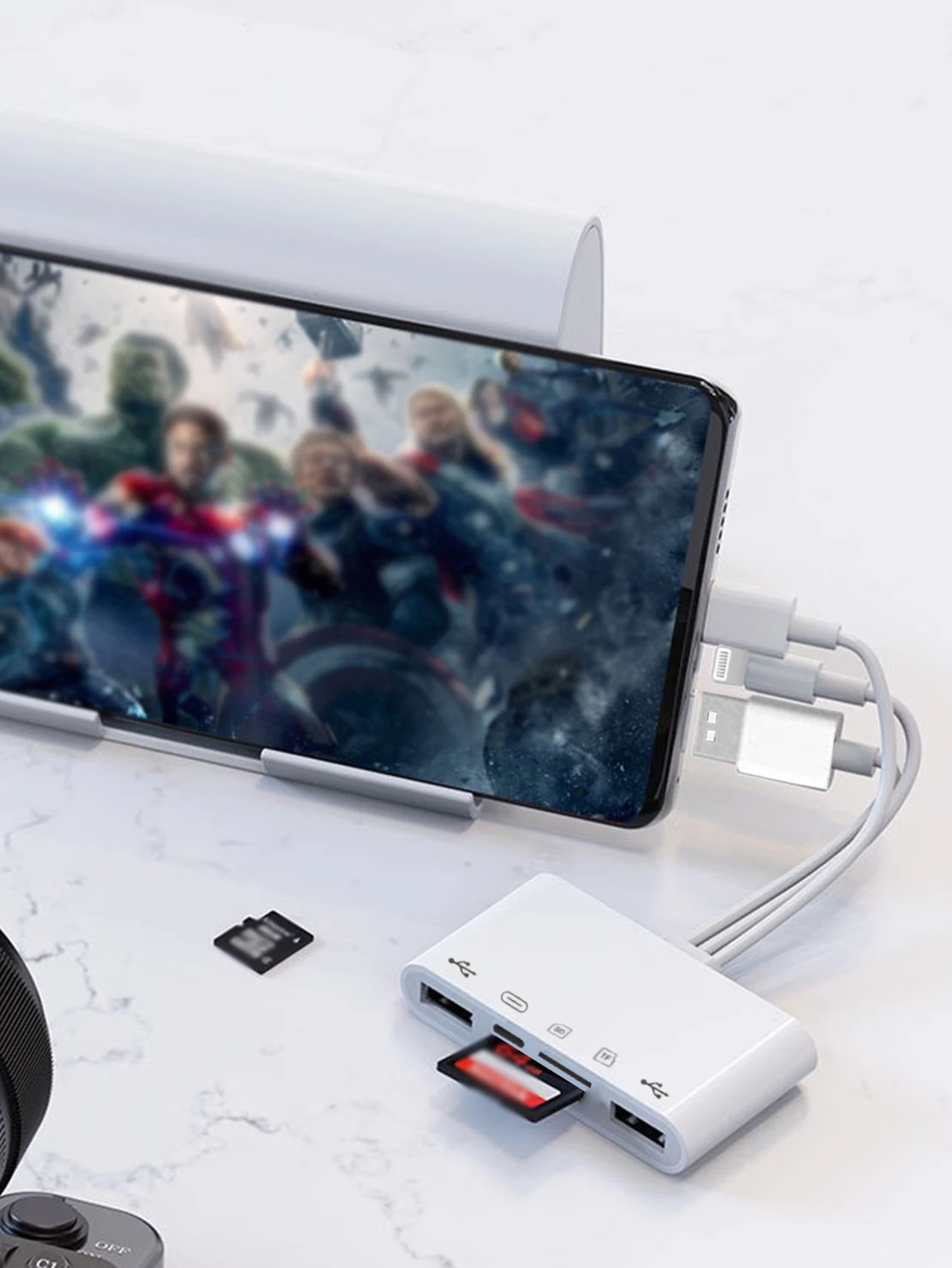 Three-wire 5-in-1 card reader, multi-function OTG converter, high-speed transmission, compatible with Iphone/Android/ipad