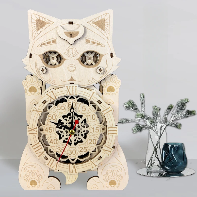 3D Wooden Puzzle Cat Clock Creative Desktop Decoration for Hotel Home Indoor