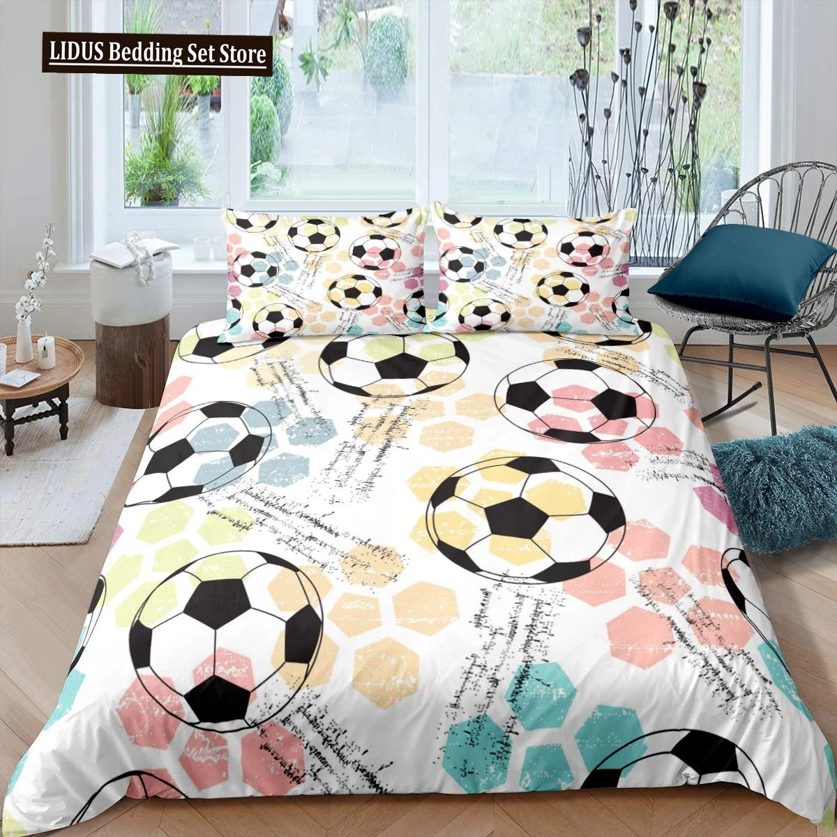 

Football Duvet Cover Set Soccer Ball Pattern Sports Theme Bedding Set Microfiber Colorful Grunge Style Double King Quilt Cover