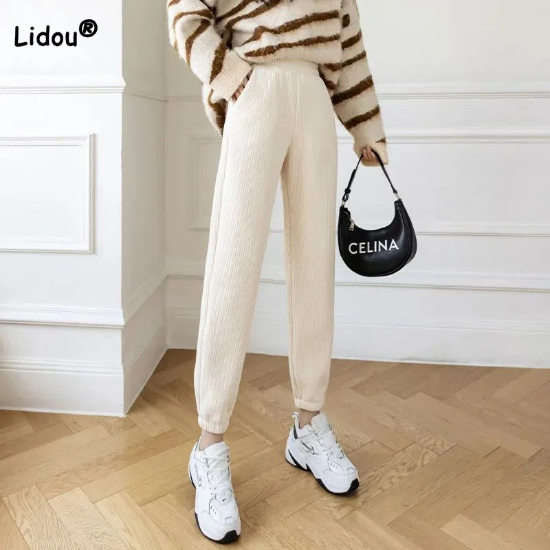 

Fashionable Chenille Elastic Waist Loose Trousers Casual Corduroy Solid Pockets All-match Plush and Thicken Corset Sports Pants