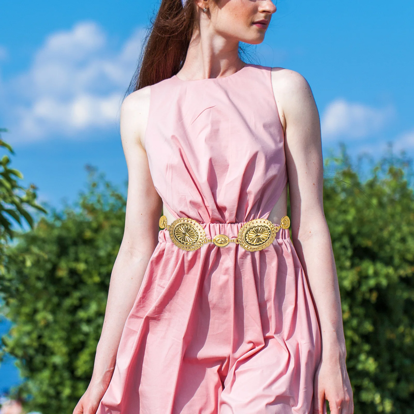 حزام سلسلة خصر معدني بوهيمي للنساء حزام راعية البقر الغربية الذهبي القابل للتعديل حزام خصر أنيق سلسلة جسم عصرية #1