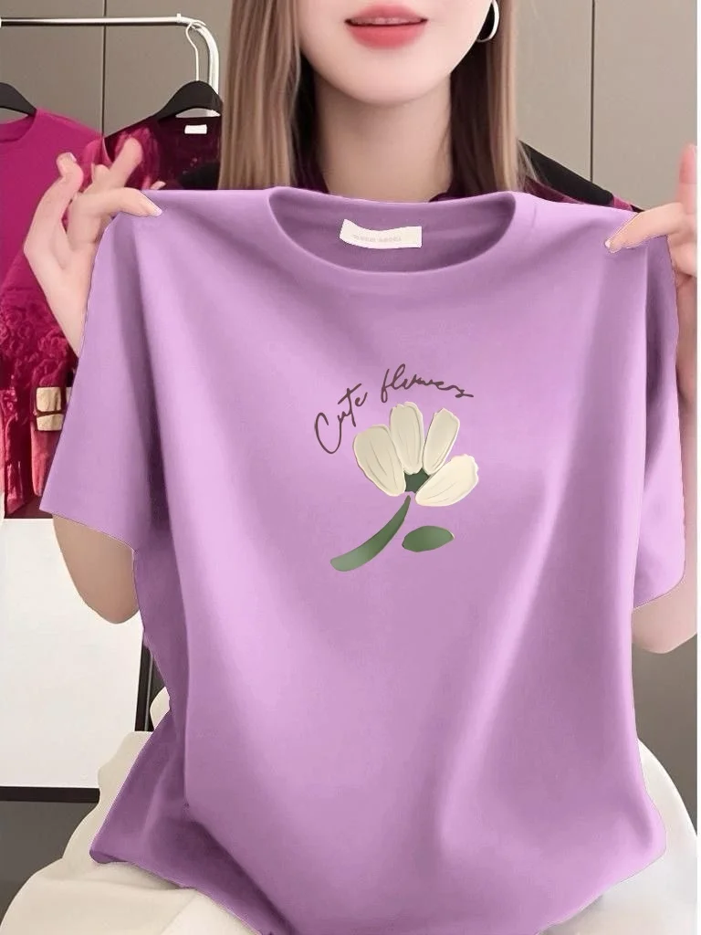 

Floral Print Loose Short Sleeve round Neck T-Shirt for Middle-Aged And Elderly Women Breathable Polyester Fiber Comfortable Fit