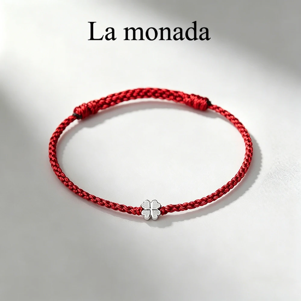 Red Braided String Bracelet 925 Silver Four Leaf Clover Charm Adjustable Lucky Wristband Gift For Ladies Girls