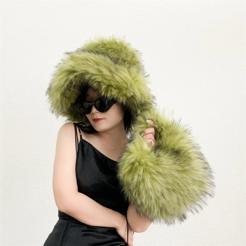 European and American big brim hat Women\'s winter wool warm thickened imitation raccoon dog hat hat Bucket hat  bucket hat women