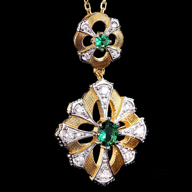 Gemma-Sparkling Zircon Pendant for Women, S925 Silver, Gold-Plated, Cross Flower, Retro Palace, 2-Color