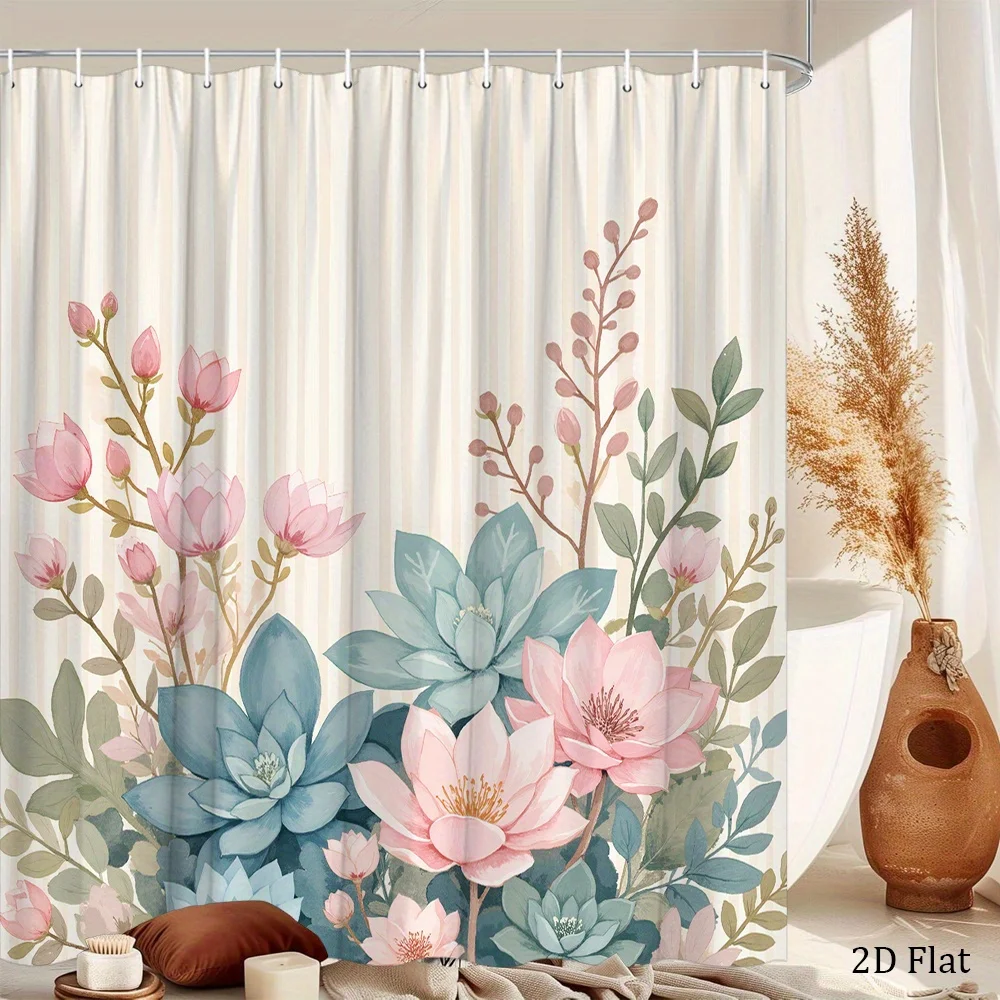 soft floral and succulent shower curtain with pastel pink blooms for elegant bathroom decor gentle botanical art style