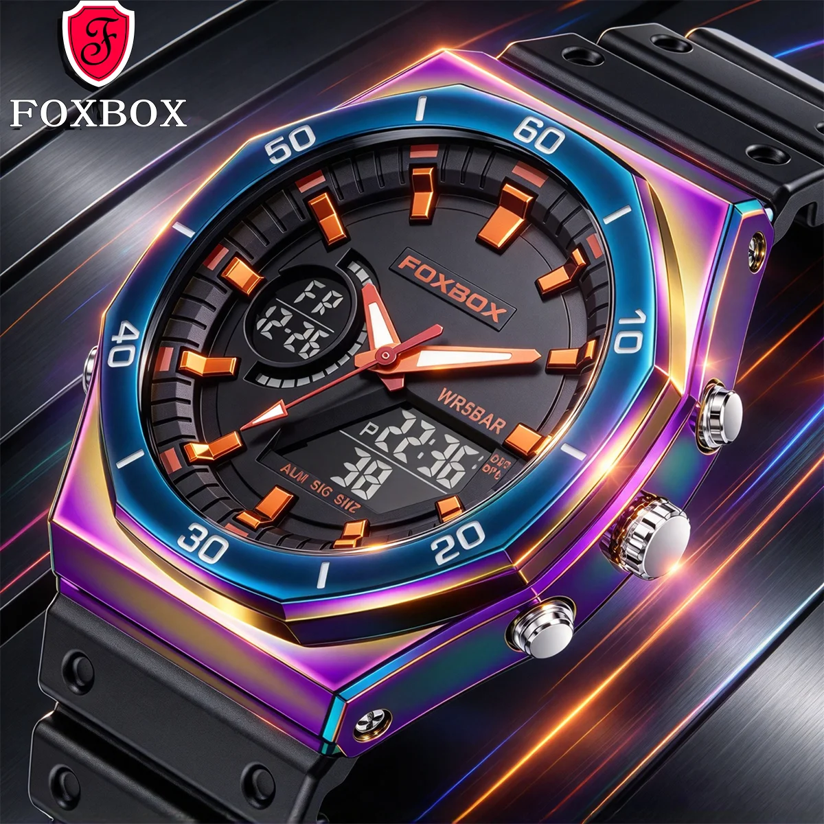 FOXBOX Dual display Watches For Men Casual Sports Chronograph Quartz Dial Wrist Watch Silicone Waterproof Digital Halloween Gift