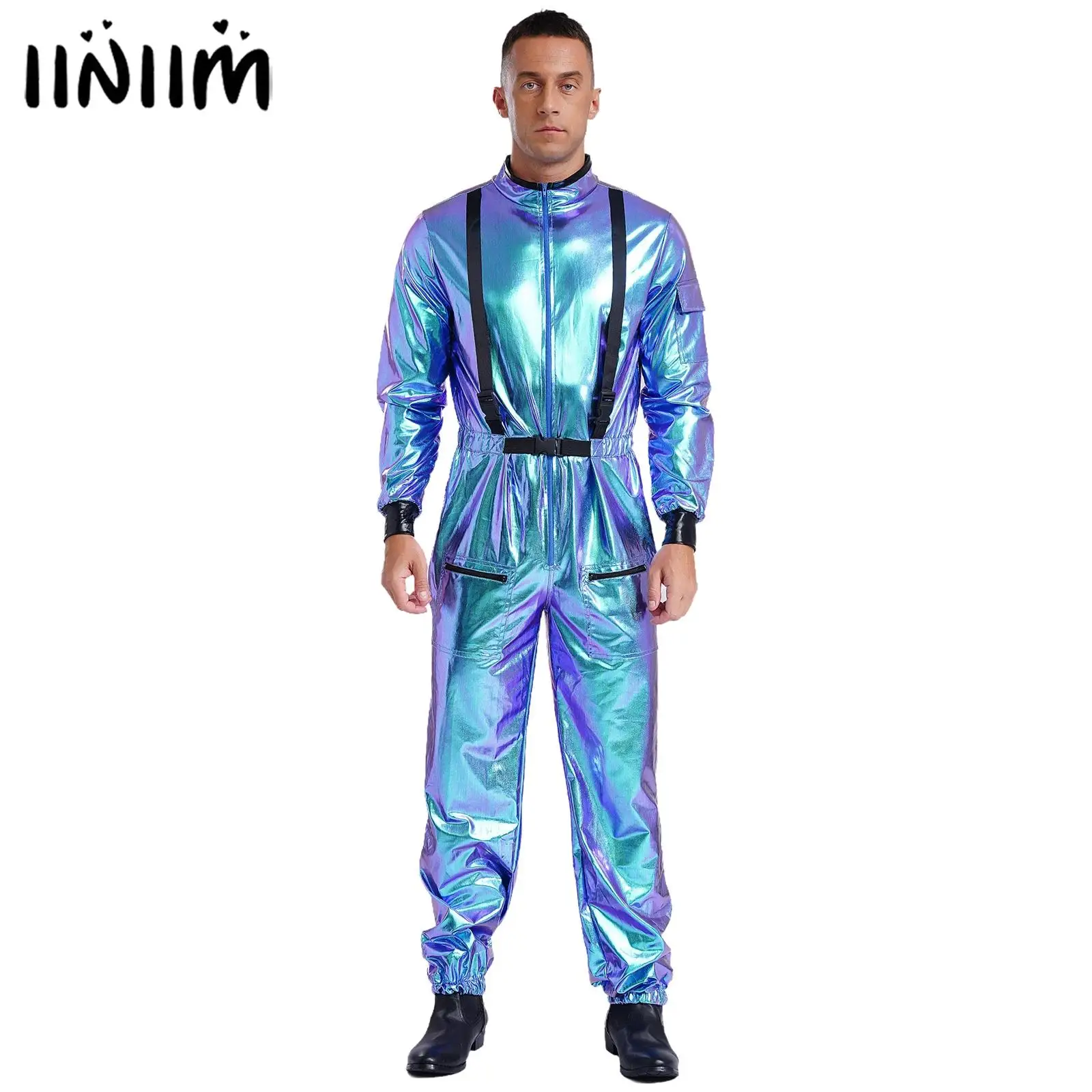 

Mens Pilot Air Force Astronaut Alien Robot Cosplay Costume with Metallic Roleplay Disco Party Overall Jumpsuits Zipper Bodysuit