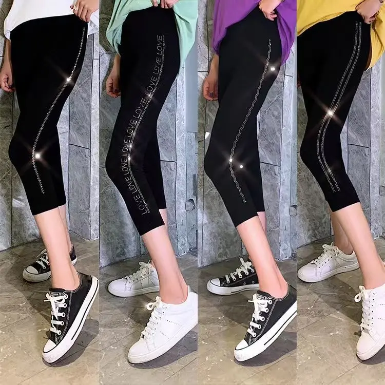 2023 New Summer Modal Mid-calf Leggings for Women Outside Weaing High Stretch All-match Thin Legging Hot Drilling Yoga Pants