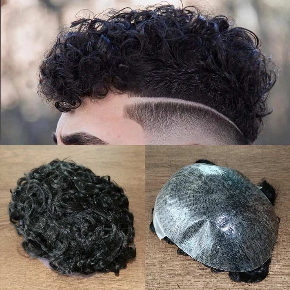 Natural Hairline 100% Remy Human Hair 20mm Curly Men's Toupee Wig Skin Base Grey Man Hairpiece Replacement System Prosthesis