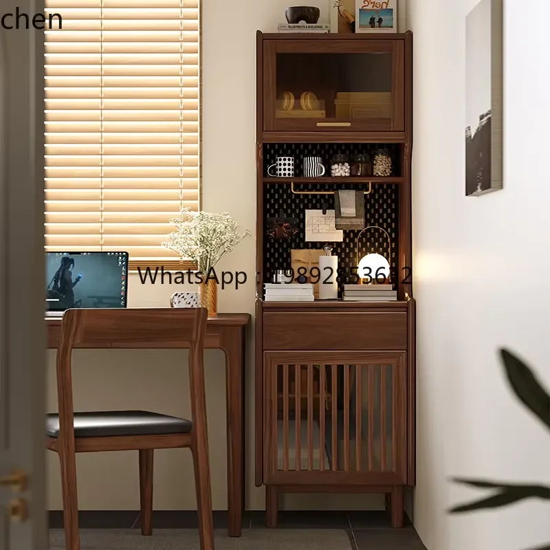 Solid Wood Dining Side Cabinet Black Walnut Rock Slab Narrow Side Bar Table for Living Room Against the Wall
