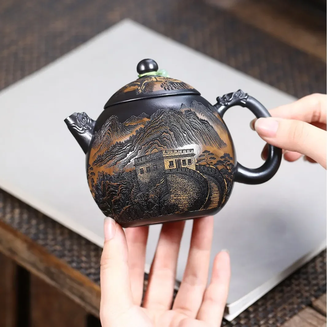 Chinese Tea Pot Traditional Handmade Yixing Original Ore Yellow Mud Great Wall Dragon Egg Household Teapot Kung Fu Tea Set Gift