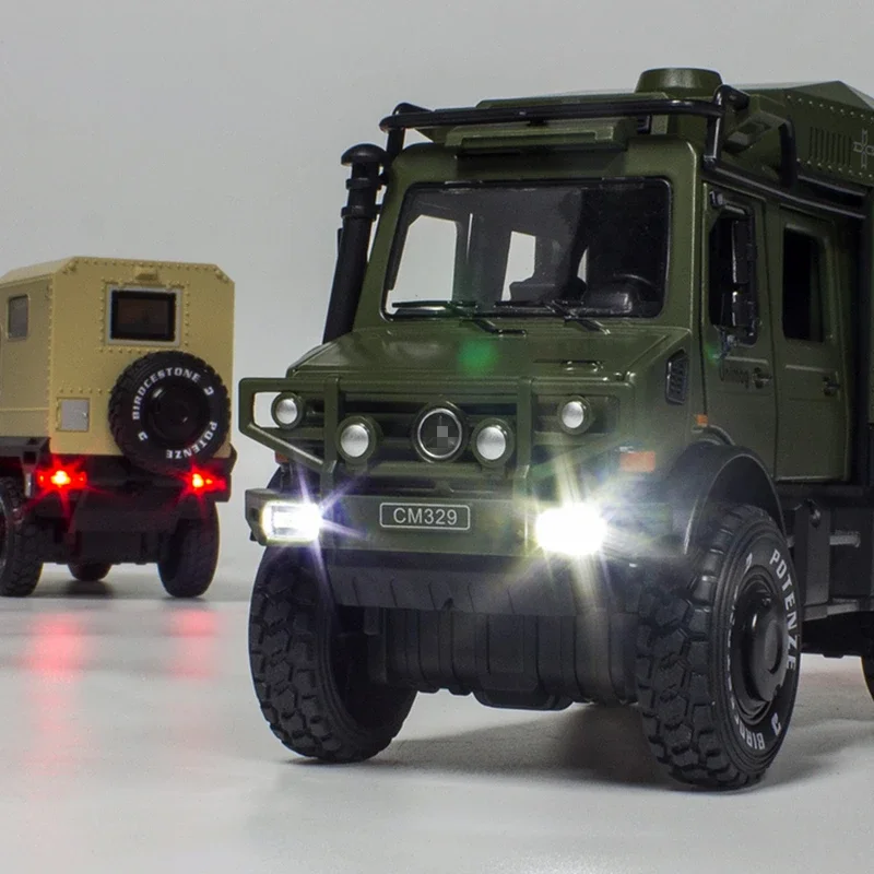 1:28 Benzs UNIMOG U4000 Motorhome Alloy Cross-country Touring Car Model Diecast Toy Off-road Vehicles Model Sound Light Kid Gift