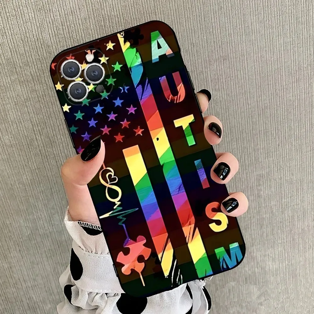 Autism Support Puzzle   Phone Case For iPhone 15,14,13,12,11,Plus,Pro Max,XS,X,XR,SE,Mini,8,7 Soft Silicone Black Cover
