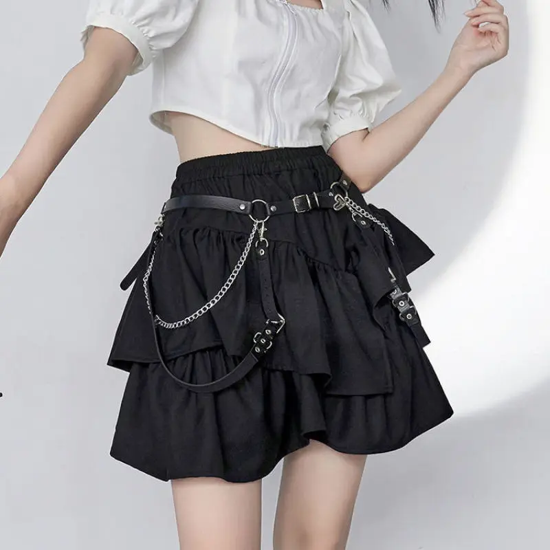 

Summer New Female Elastic High Waist A-Line Patchwork Asymmetrical Streetwear Loose Strap Waist Chain Cupcake Short Skirts