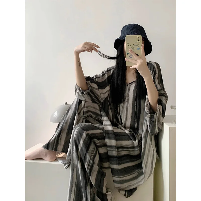 

Ink striped cotton silk sleepwear for women in Spring and Autumn 2025, new loose long sleeved long pants home suit set