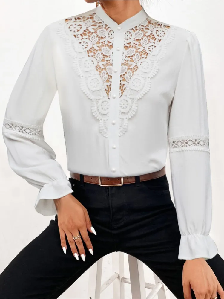 Elegant Long-sleeved O-neck Versatile Shirt Tops For Women Autumn Fashion Lace Hollow Solid Color Single-breasted Blouses Female