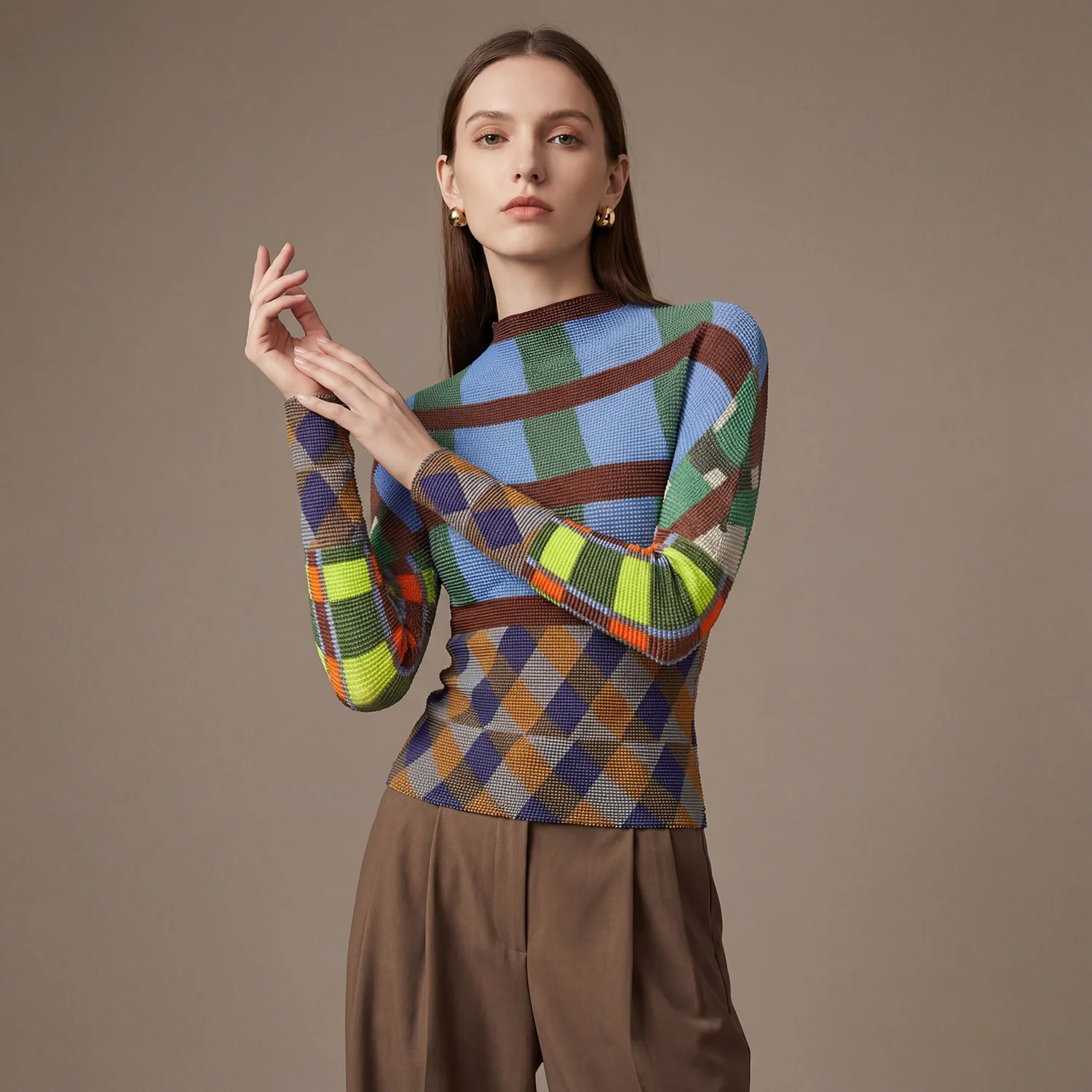 미야케 플리츠 패션 여성용 2026 템퍼먼트 레트로 프레스드 플리츠 스프링 스트레치 얇은 이지 케어 프린트 풀오버 탑