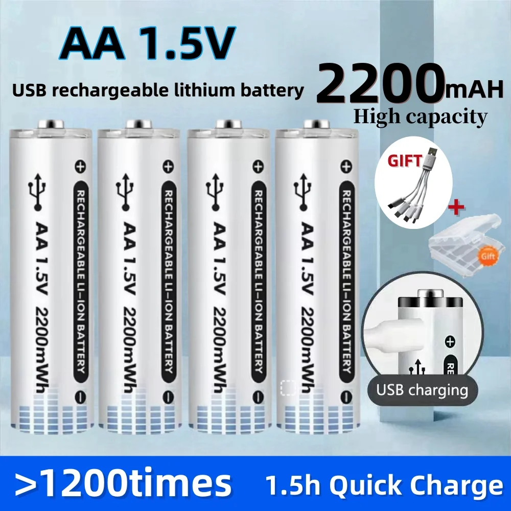 

Genuine Rechargeable AA Batteries 2200mWh Large Capacity Type-C Fast Charge 1.5V Polymer Lithium Battery for Toy etc