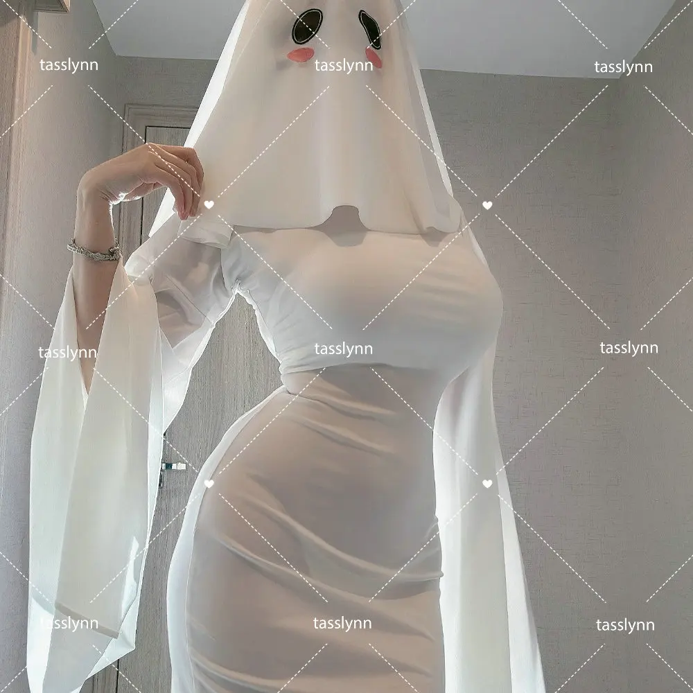 Female Ghost Cosplay Costume Halloween Scare Face Cape Scream Costume Adult Fancy Dress Halloween Cosplay Costume