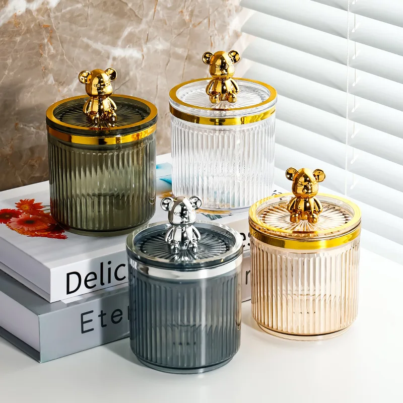 Gold-plated Bear Cotton Swab Box Acrylic Storage Cylinder Transparent Storage Jar Jewelry Candy Jar Storage Container Home Decor