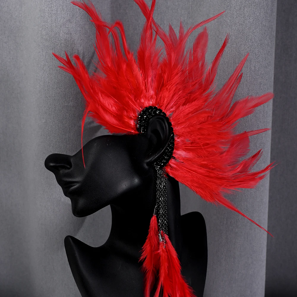 XSBODY Charm Red Feather Tassel Earrings Non Piercing Jewelry Gift Gorgeous Long Pendant Rhinestone Ear Cuff for Women Holloween