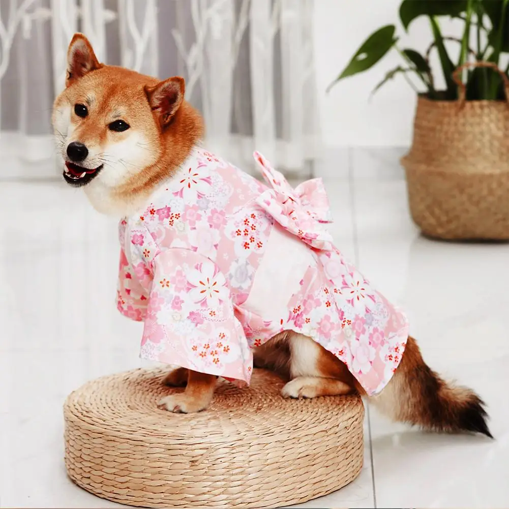 Pets Printed Kimono With Bowknot Girdle Fashionable Japanese Style Waist Magic Buckle Neckline Snap Buttons Clothes For Dogs Cat