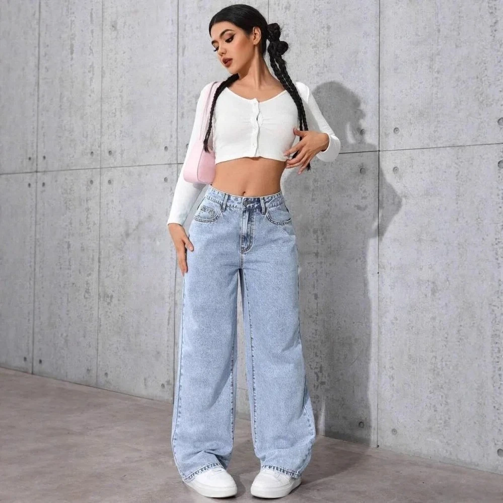 

Loose Trendy Pants Cotton Polyester Blend Street Style Casual Straight Jeans High Waist Straight Leg Jeans Women's Summer New