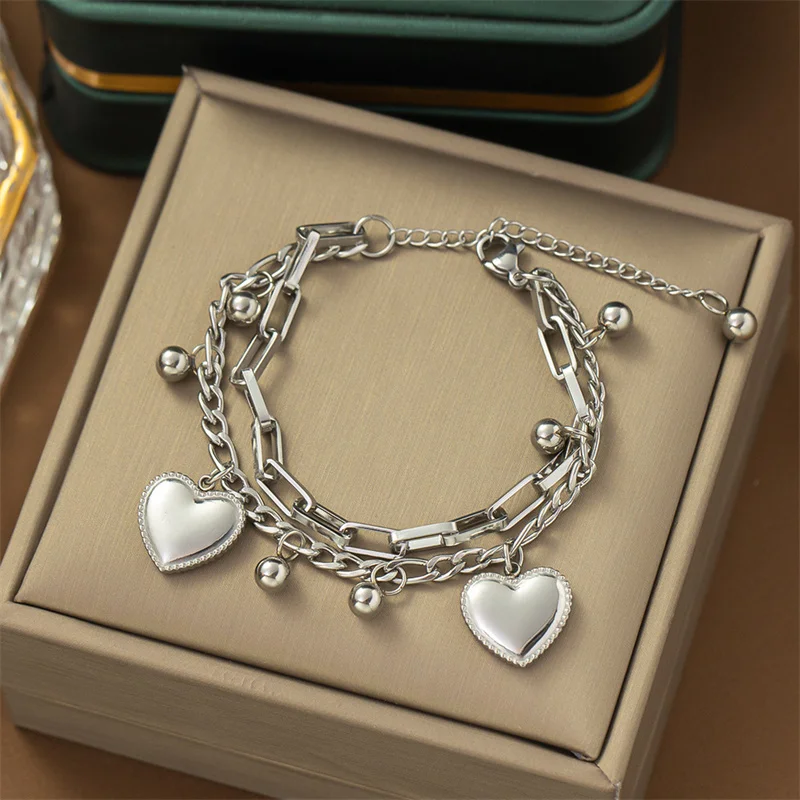 Gl316L Stainless Steel New Fashion Upscale Jewelry Bohemia 2 Layer Ball Lovers Love Heart Charm Thick Chain Bracelet For women