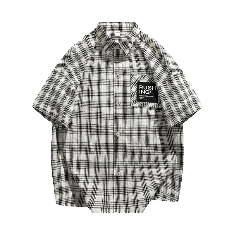 

2025 Summer Men's Checkered Short Sleeved Shirt Trendy Chest Pocket Ins Trendy Cotton Shirt for Men
