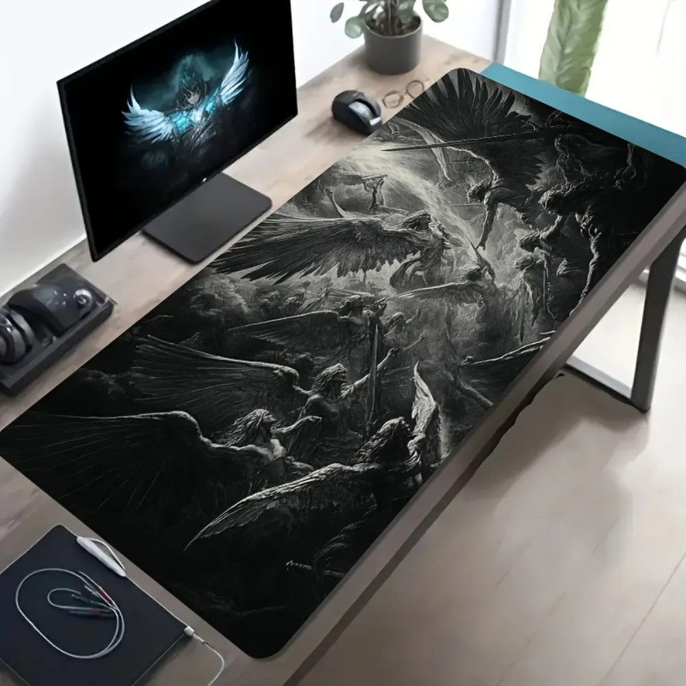 CIFBUY Mouse Pad Non-Slip Rubber Base Washable Large Desk Mat For Office Gaming Black White Angel War Battle Scene Pattern HD Pr