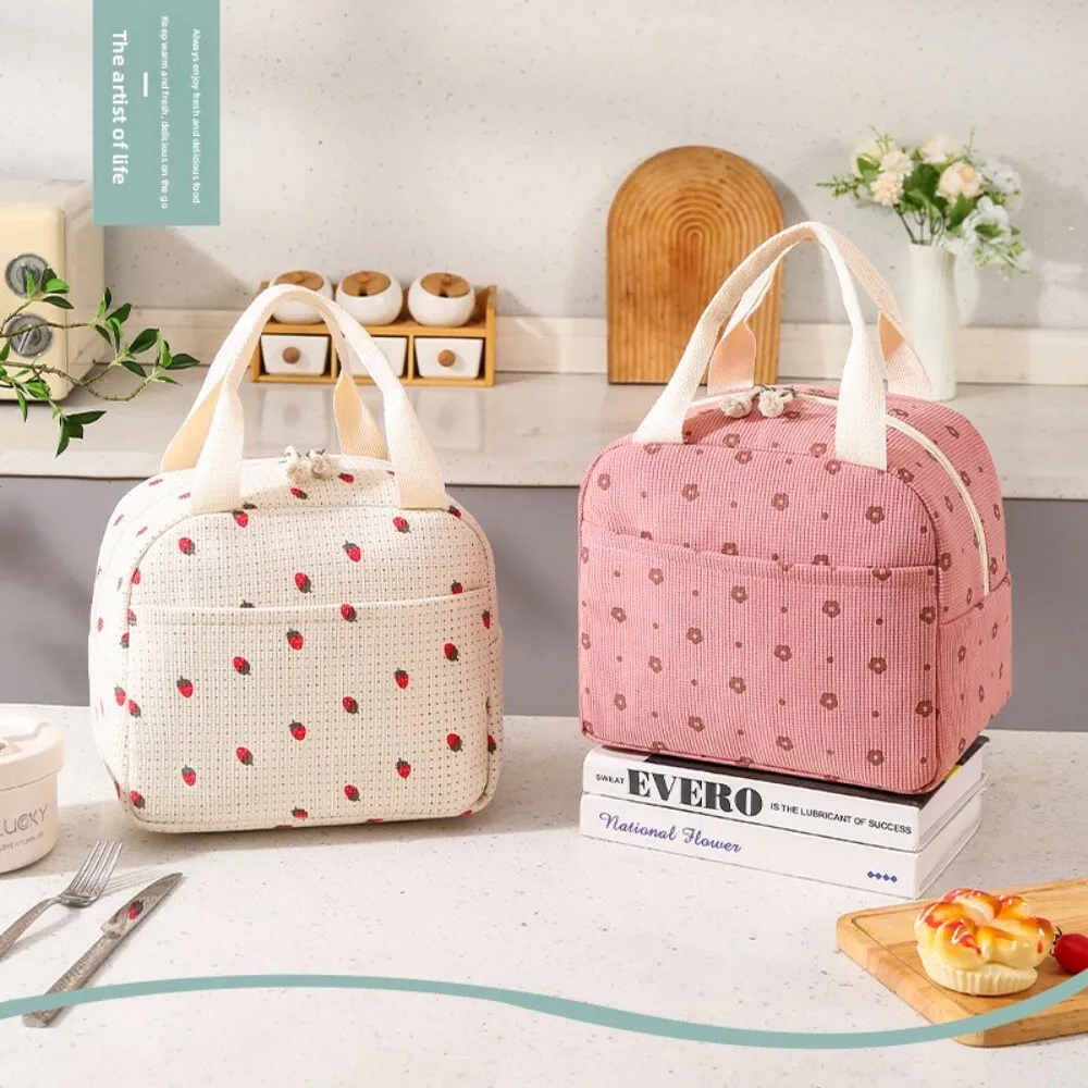 

Floral Corduroy Lunch Box Cooler Bag for Students and Office Workers Insulated Waterproof Portable Cute Thermal Food Carrier