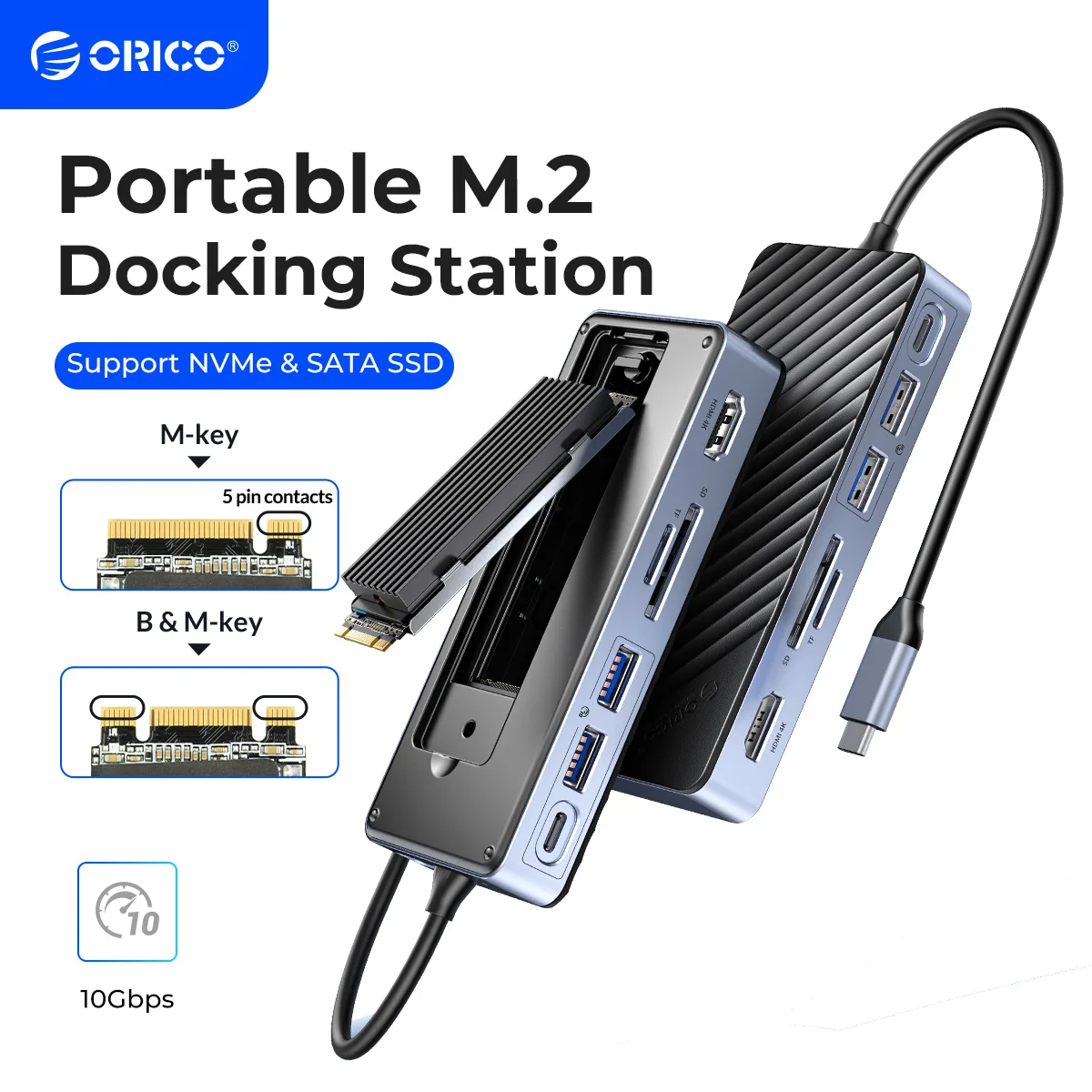 

ORICO USB C HUB with SSD Enclosure Laptop Docking Station with 4K 60Hz HDMI-Com 100W PD RJ45 SD/TF 10Gbps M.2 NVME SATA SSD 8TB