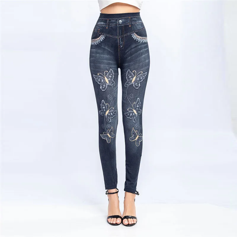 Cross-Border Super Popular Wish Heat Sale New Butterfly Print Ultra-Elastic Nine-Piece Denim Look Leggings Women's Trousers