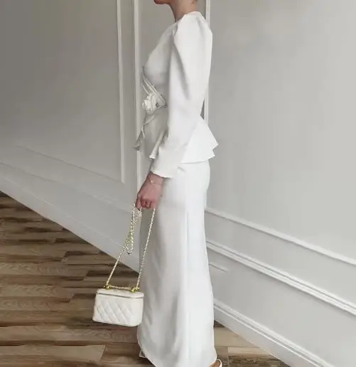 Two Piece Set Women Outfit 2025 Spring Autumn V-Neck Flower Decor Temperament Long Sleeved Top & Casual Slim Long Skirt Set