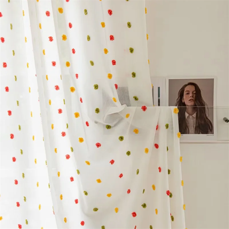 

White Rainbow Candy Minimally Cute Plush Ball Transparent Curtain Suitable for Bedroom, Living Room, Children's Room, Home Decor