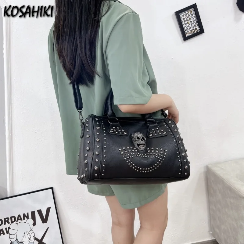 Bags for Women Casual Soft Leather Skull Gothic Punk Rivet Shoulder Bag Fashion Harajuku Vintage  Y2k Handbags Crossbody