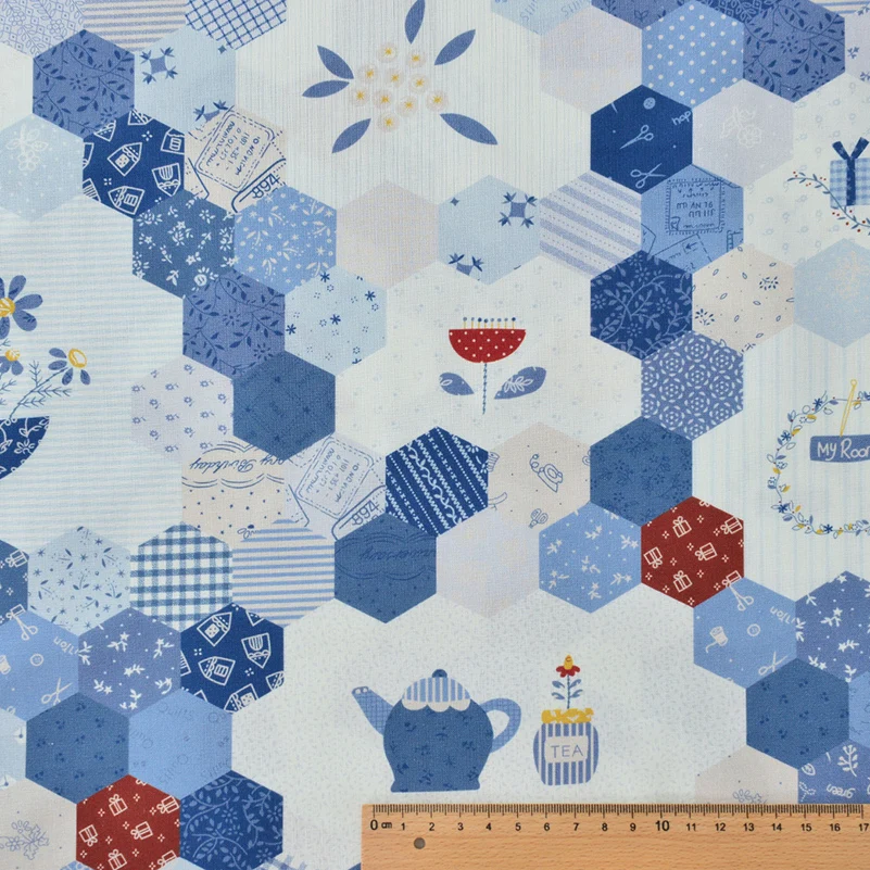 Morris Arabesque Letters Hexagonal Printed Fabric Pure Cotton 20s for DIY Patchwork Home Fabric Printing by Half Meter