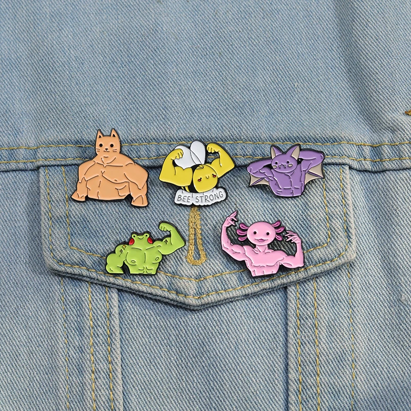 Strong Animals Enamel Pins Custom Salamander Bee Frog Bat Brooches Lapel Badges Animal Funny Jewelry Gift for Kids Friends