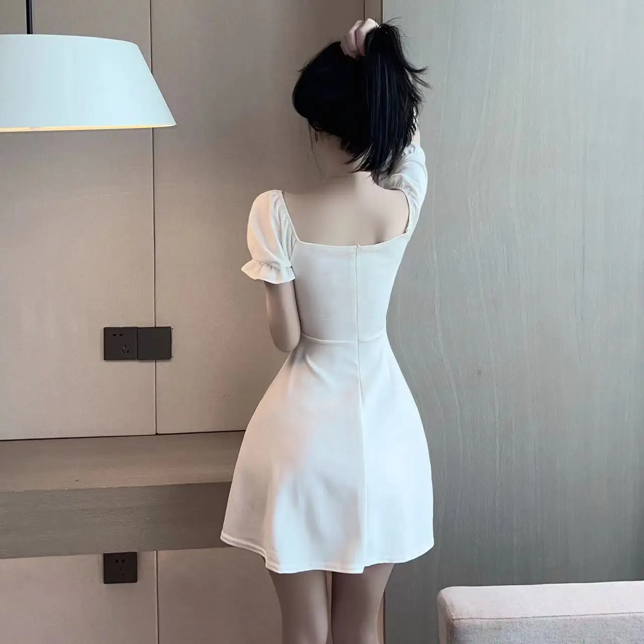 Sexy Low Cut V Ne High Waist a Line ort Dr Evening Club Women's Work orm Dr Korean Sle Commute Bubble Sve