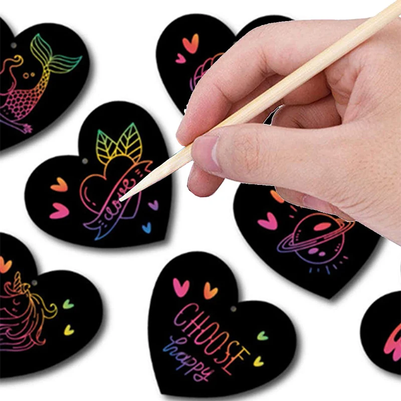 12 Pcs Butterfly heart-shaped Bookmarks Scratch Drawing Paper Kids Painting Book Magic Scratch Art Creative Stickers Toys Gift