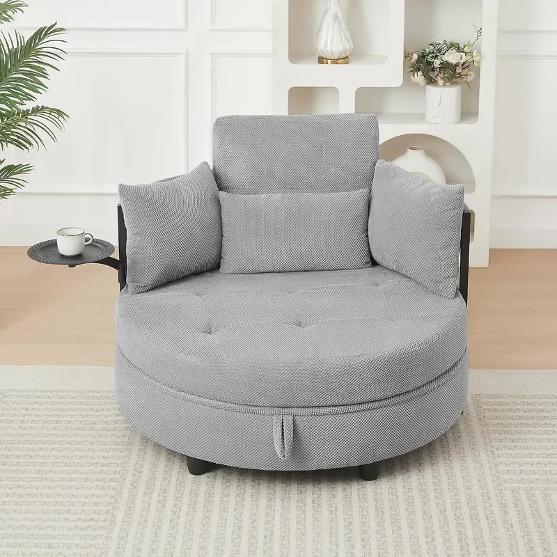 Oversized Chaise Lounge Chair Indoor with Hidden Storage and 270 Degree Rotating Side Tray Round Boucle Reading Lounge Chair