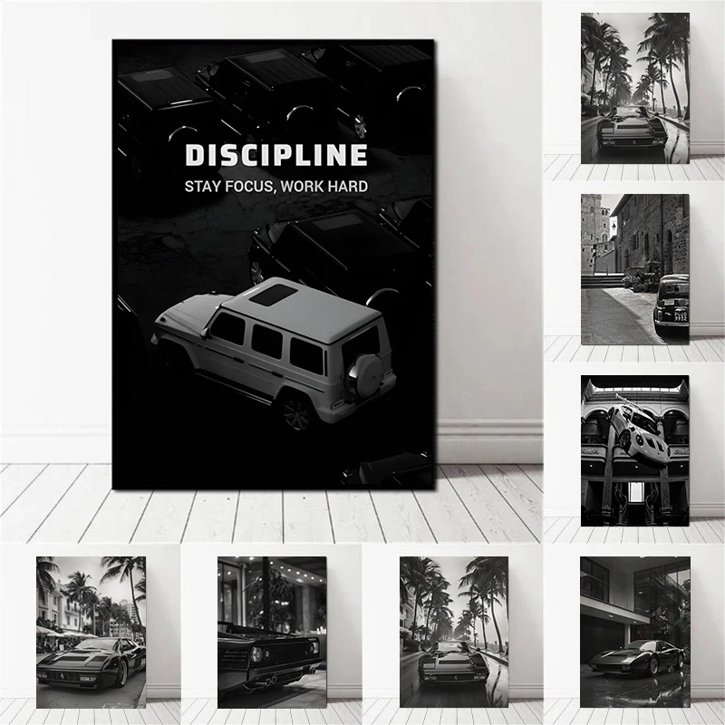 Nostalgisches Retro-Mode-Kunstposter mit schwarz-weißem Luxusauto, Leinwanddruck, Wohnzimmer, Sofa, Hintergrundwand, moderne Dekoration