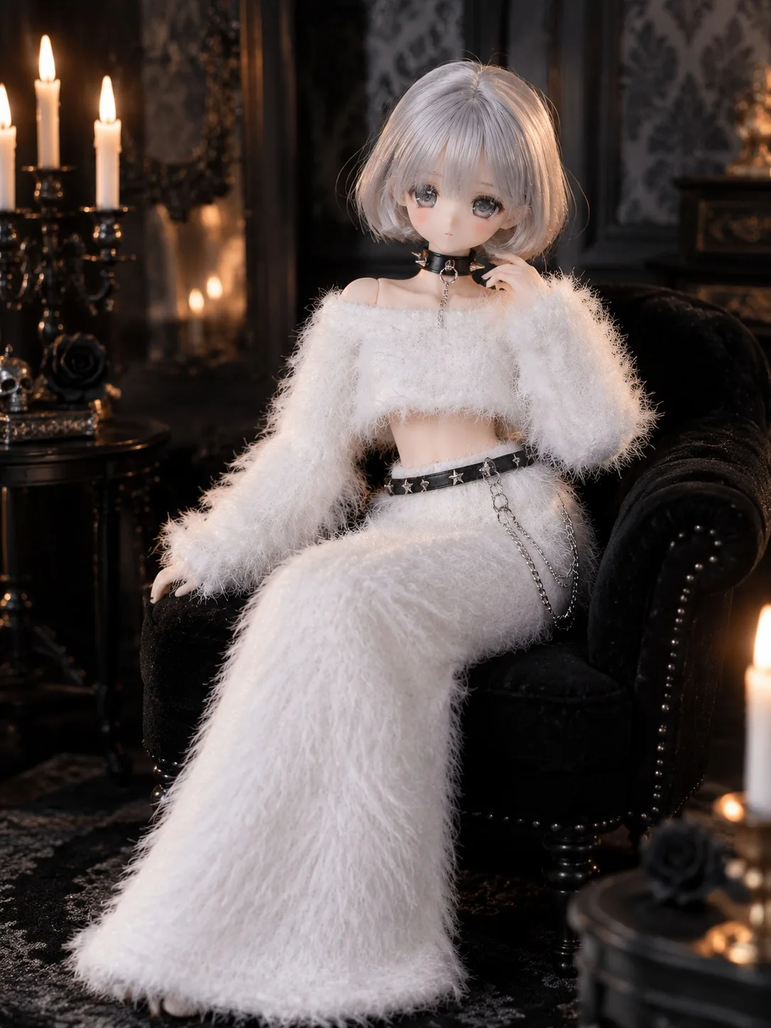 Gothic Winter Doll Outfit White Plush Off Shoulder Top Maxi Skirt Star Belt Choker 4pcs Set for 1/6 BJD OB22 OB24 Azone S M