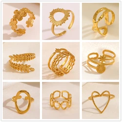 Wency Stainless Steel Rings Women Gold Color Heart Flower Star Geometric Open Finger Ring Jewelry Wedding Band Gift Wholesale