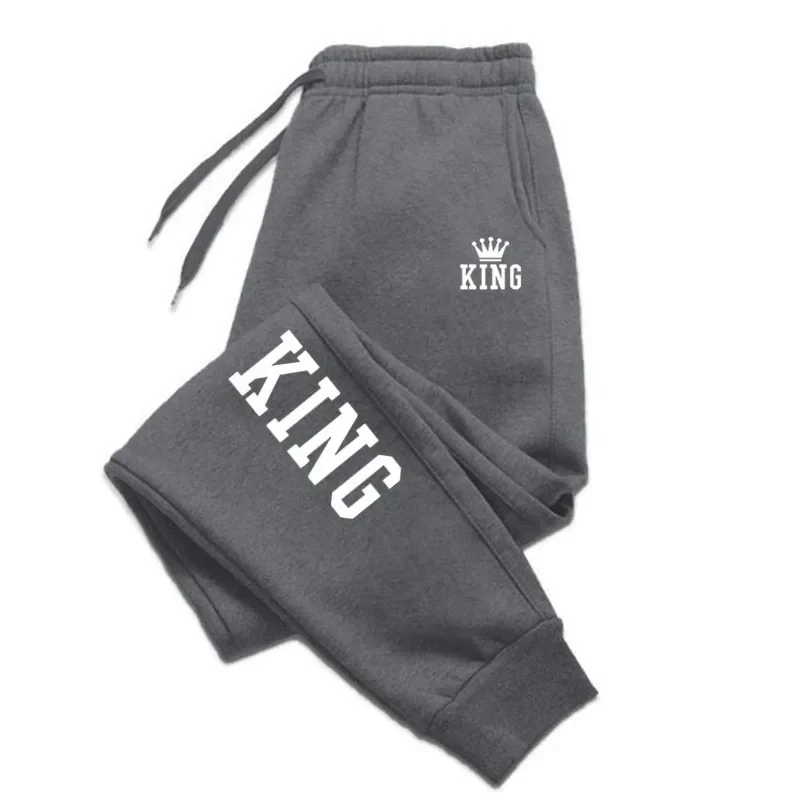 King Print Running Pants Mens Spring Autumn Drawstring Pants Street Style Sports Pants Fitness Solid Sweatpants