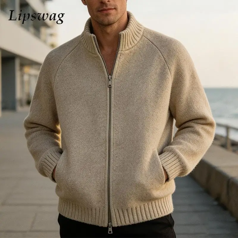 Fashion Knit Cardigan Mens Autumn Winter Outdoor Solid Color Thickened Long Sleeve Stand Collar Sweater Coats Men Zipper Jacket