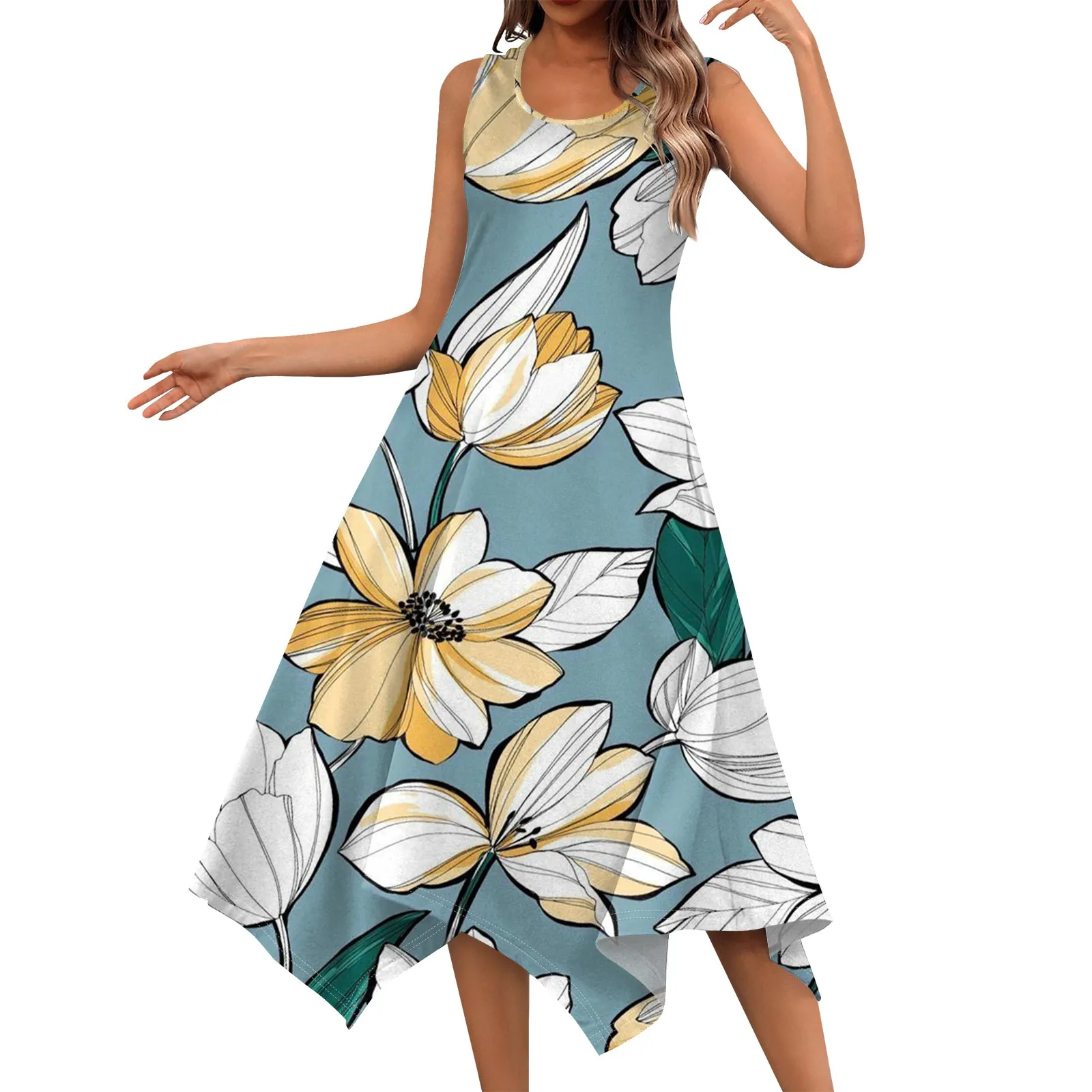 Women'S Casual Dress Floral Printed Fashionable Round Neck Dress Tank Top Flowy Graceful 2024 Sleeveless Irregular Hem Dress