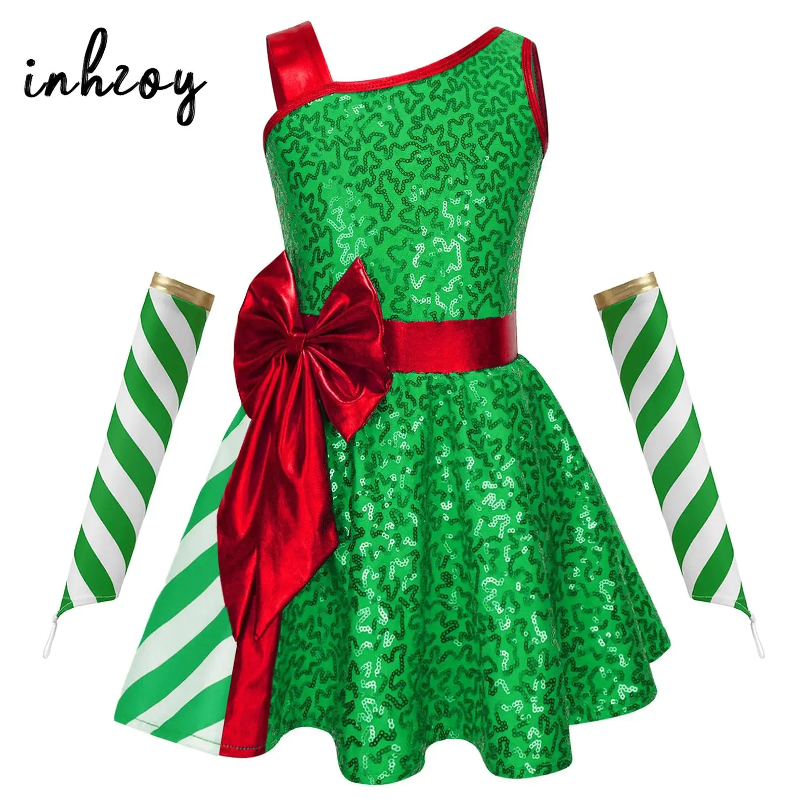 Kids Girls Sequins Christmas Leotard Dress Xmas New Year Santa Clause Costumes Big Bow Detail and Stripe Oversleeves Elf Outfit